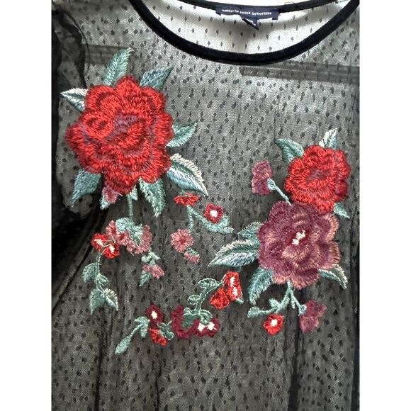 American Eagle Women's Fairy Grunge Black Polka Dot Sheer Mesh Embroidered Top - Picture 3 of 8